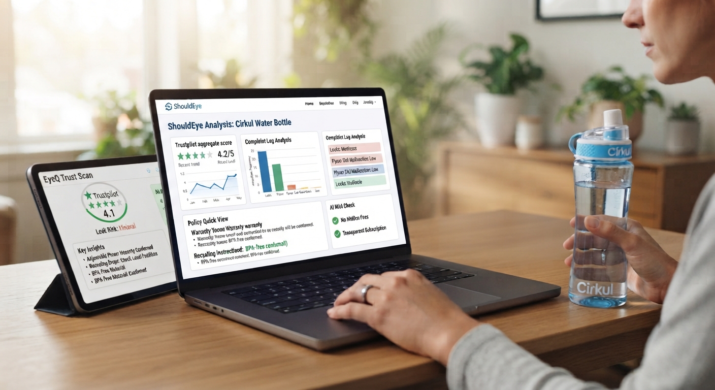 A person at a desk using a laptop and tablet to view product analysis dashboards for a Cirkul water bottle they are holding.