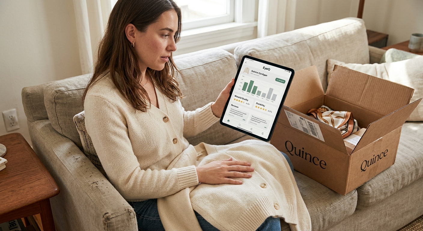 A woman sits on a sofa holding a tablet with the EyeQ app next to an opened Quince box with clothing inside.