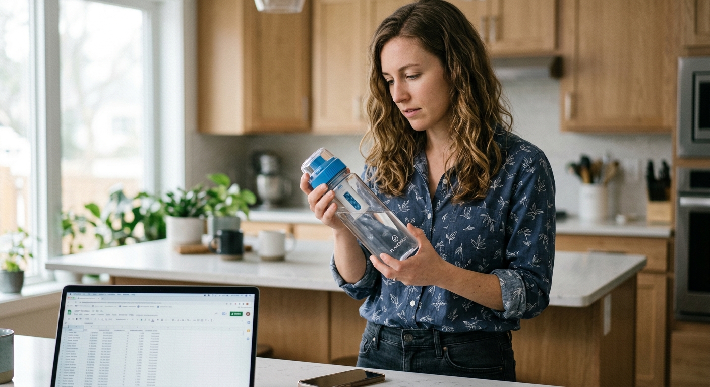 A woman in a kitchen inspects an adjustable flavor cartridge water bottle while standing near an open laptop.