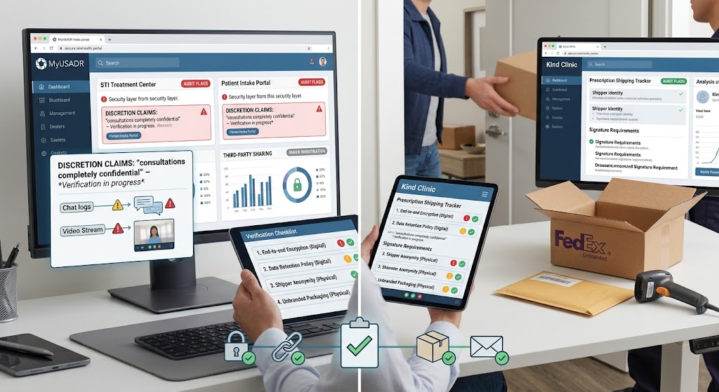 An illustration comparing telehealth discretion claims between platforms on laptop screens with delivery tracking.