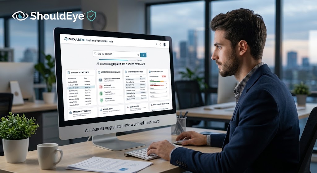 An analyst reviewing ShouldEye dashboard data aggregating state entity records, USPTO trademarks, and county FBN filings.