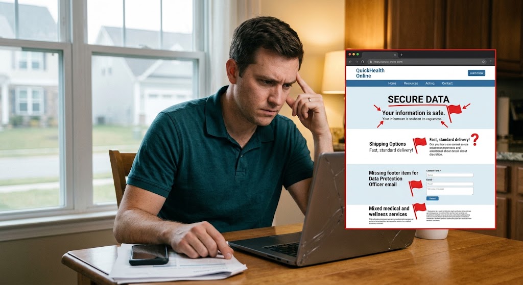 A man looks thoughtfully at a laptop displaying a website highlight of telehealth data privacy and shipping red flags.