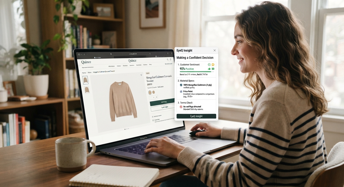 Woman working on a laptop at a desk, viewing a Quince product page with an EyeQ Insight popup showing customer sentiment.