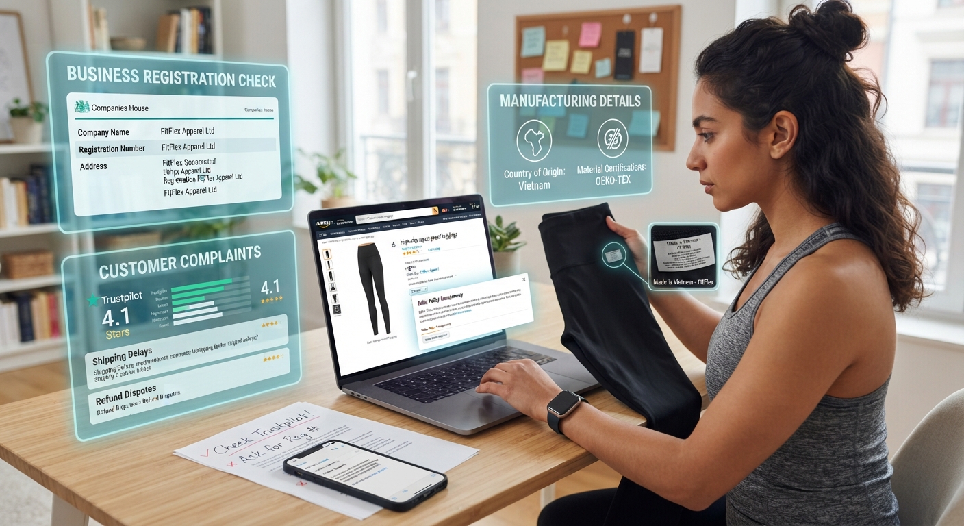 A woman holds leggings at a desk with floating holographic displays showing business registration, customer complaints, and manufacturing details.
