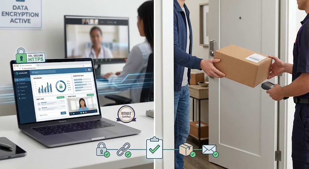 An illustration depicting digital health data encryption on a laptop screen paired with a plain, unbranded package delivery.