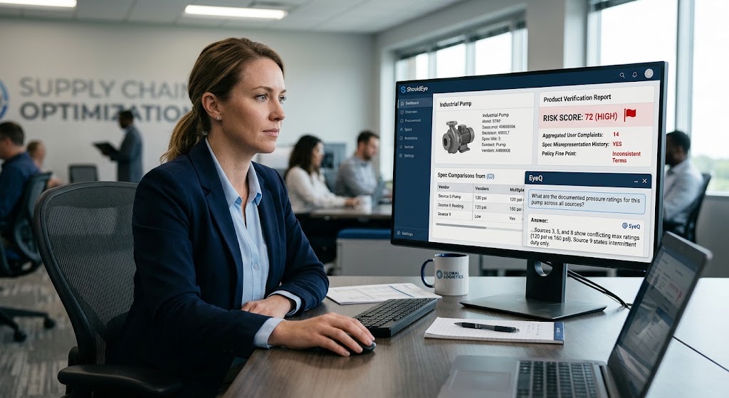 Professional reviewing product verification software on a desktop monitor displaying a high risk score and EyeQ response.