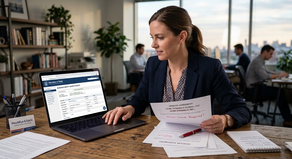 A businesswoman at a desk using a laptop for a Secretary of State search, comparing documents.
