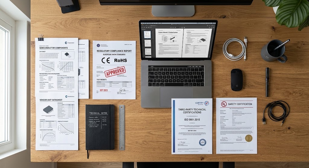 Top-down view of a wooden desk with datasheets, regulatory compliance reports, third-party certifications, and a laptop.