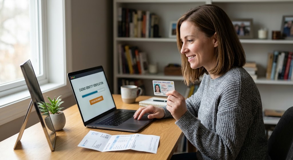 A woman holding a government photo ID and utility bill in front of a laptop showing a casino verification screen.