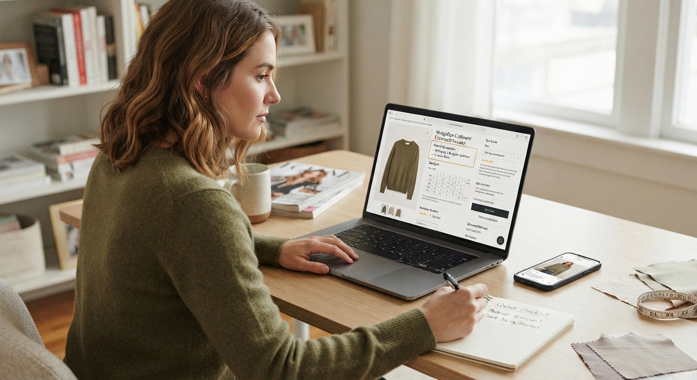 A woman at her desk reviewing online clothing details on a laptop and phone.
