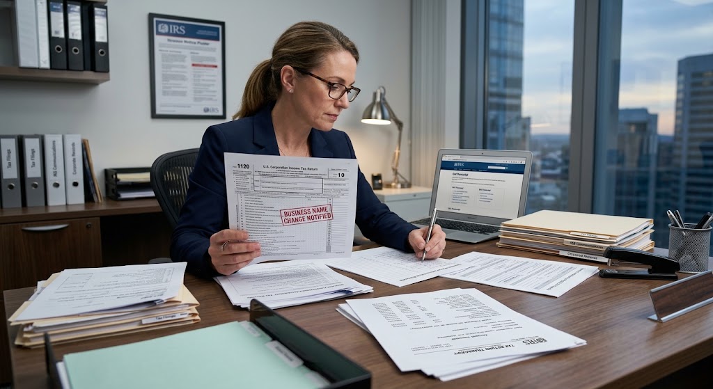A professional evaluating an IRS Form 1120 income tax return and transcript to verify a business name change notice.