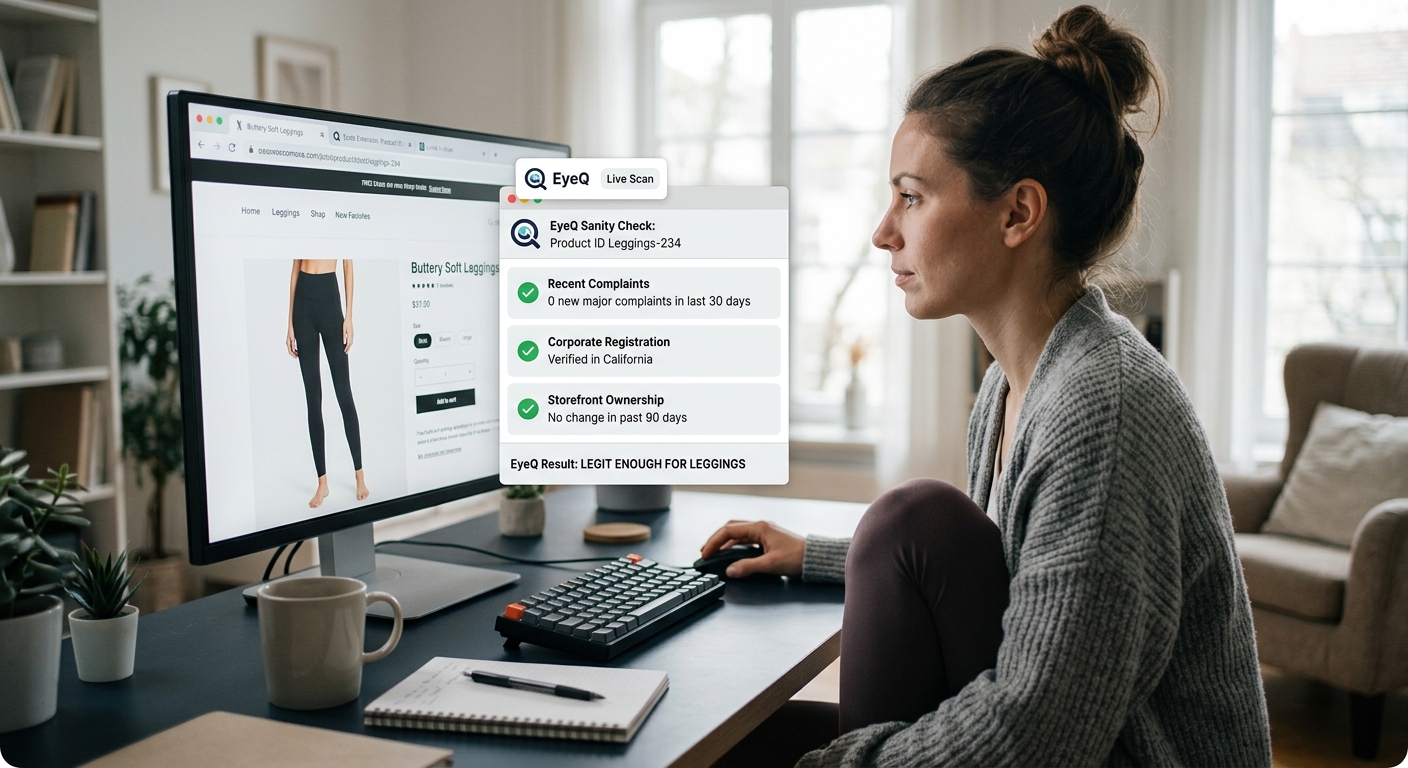 Alt text: A woman views an EyeQ browser scan popup verifying a leggings product page on her computer monitor.
