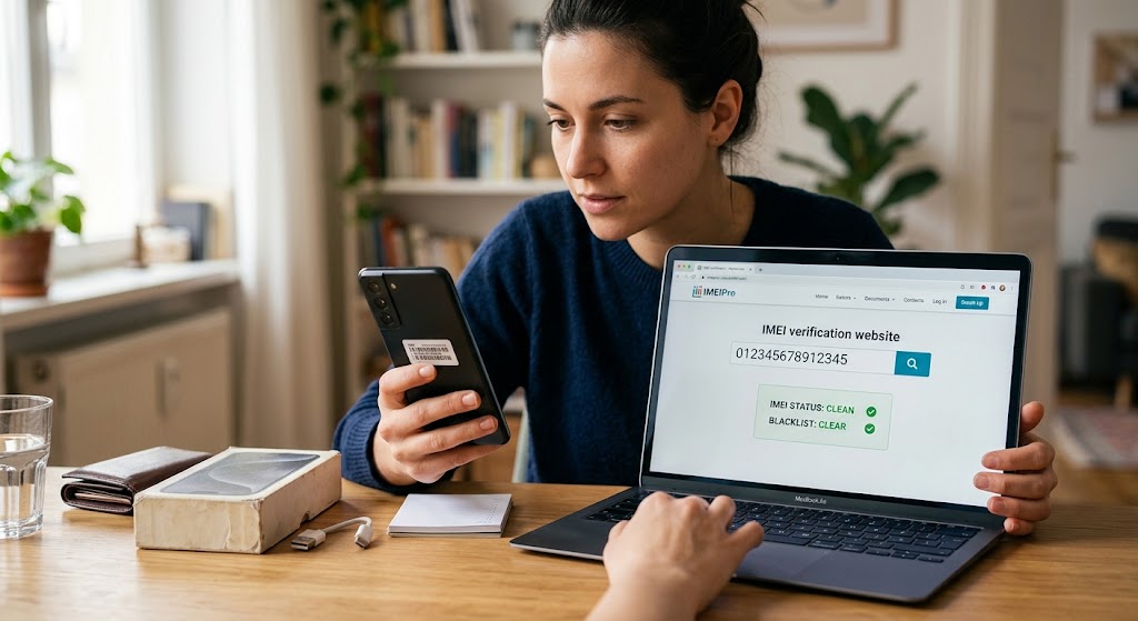 Woman using laptop to run an IMEI blacklist check on a smartphone before buying online to verify its authenticity.