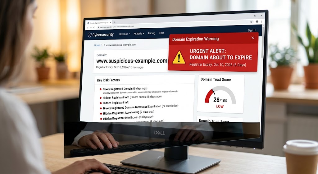 A web browser alert flags a domain about to expire, displaying a low domain trust score to warn of a potential scam site.