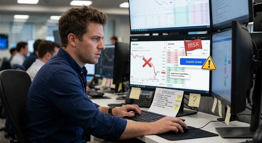 Trader analyzing a prediction market dashboard with red flag checklist and order book warning overlays on screen.