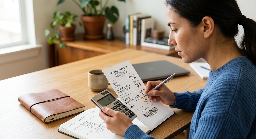 A woman carefully reviews a "Daily Brew Cafe" receipt using a calculator and pen, cross-checking tax rates.