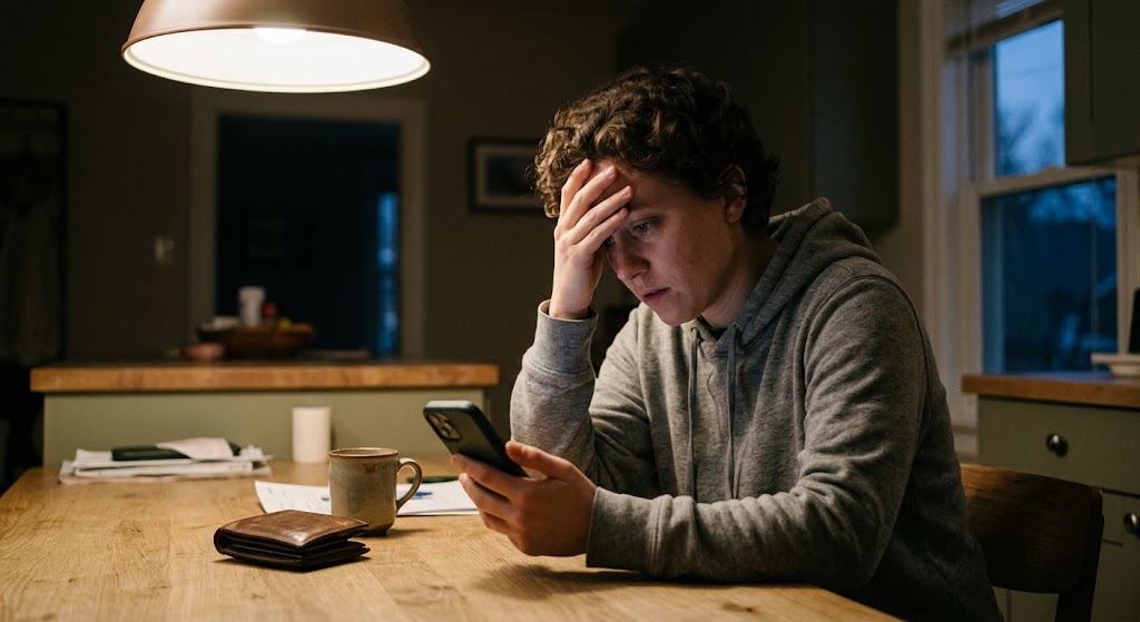 A stressed person sits at a kitchen table under a lamp, holding a phone with a hand on their head in distress.