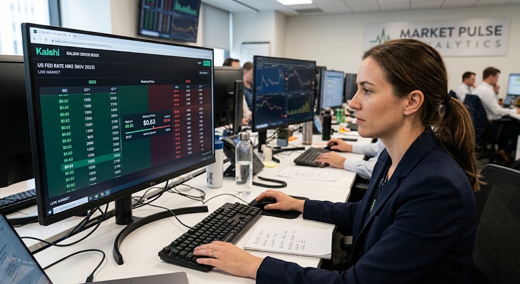 A professional analyst reviews a live Kalshi order book displaying bids, asks, and trade depth on a desktop monitor.