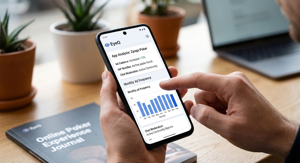 A close-up photograph of a person holding a phone and using an app to analyze app usage data.