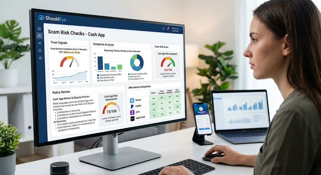 A woman looks at a desktop computer displaying a ShouldEye Scam Risk Checks dashboard for Cash App.