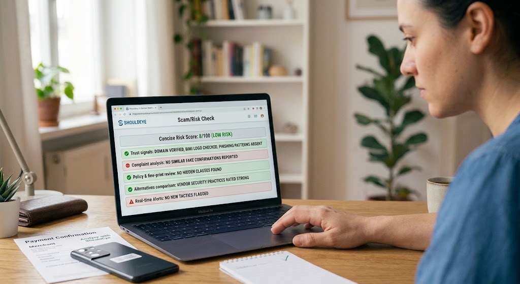 Woman using a laptop to review ShouldEye scam and risk check results with low-risk status and verified trust signals.