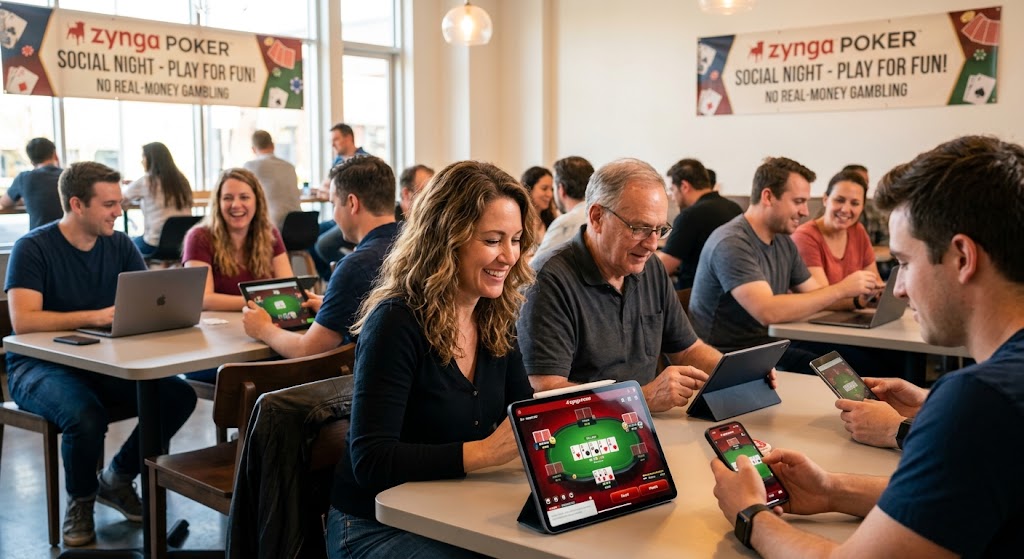 A group of diverse people sitting together at tables, playing casual digital card games on tablets and smartphones.