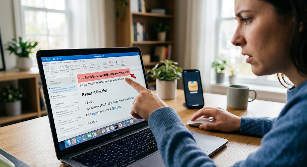 Woman analyzing a phishing email on her laptop, pointing at a fake sender address highlighted in red