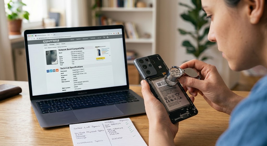 Person using a laptop to check hardware specs on GSMArena while examining the model number on a smartphone battery.
