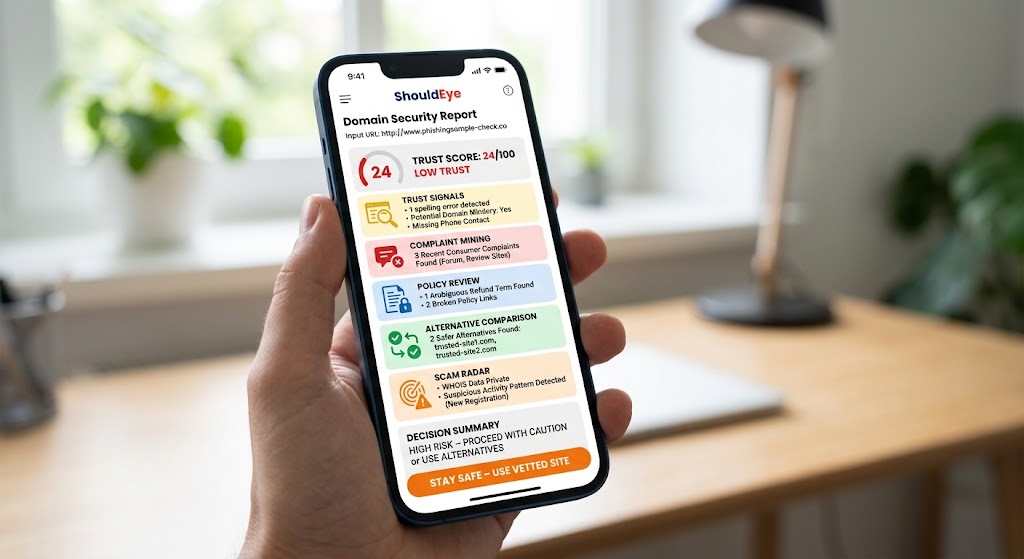 A smartphone displays the ShouldEye app presenting a domain security report, trust score, and scam risk details.