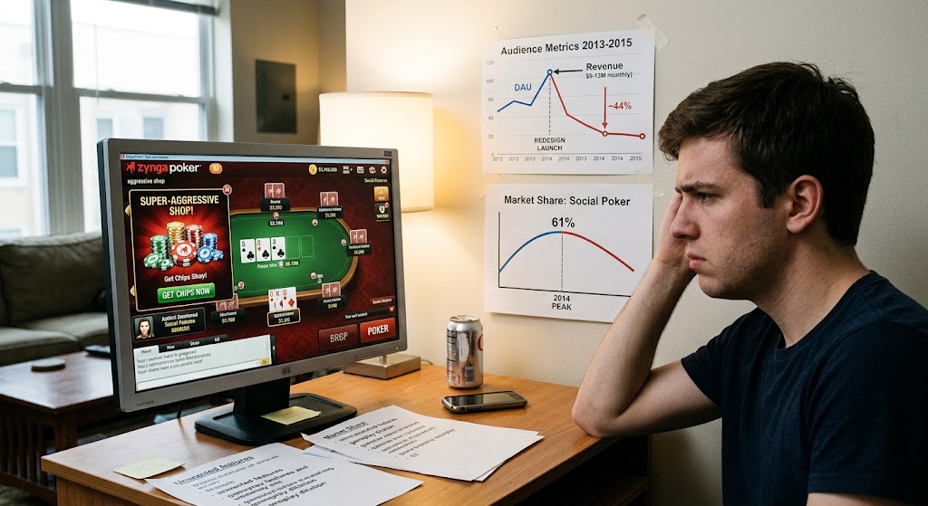 A gamer sits at a desk with a Zynga Poker game on his monitor and a chart on the wall showing a revenue and user drop.