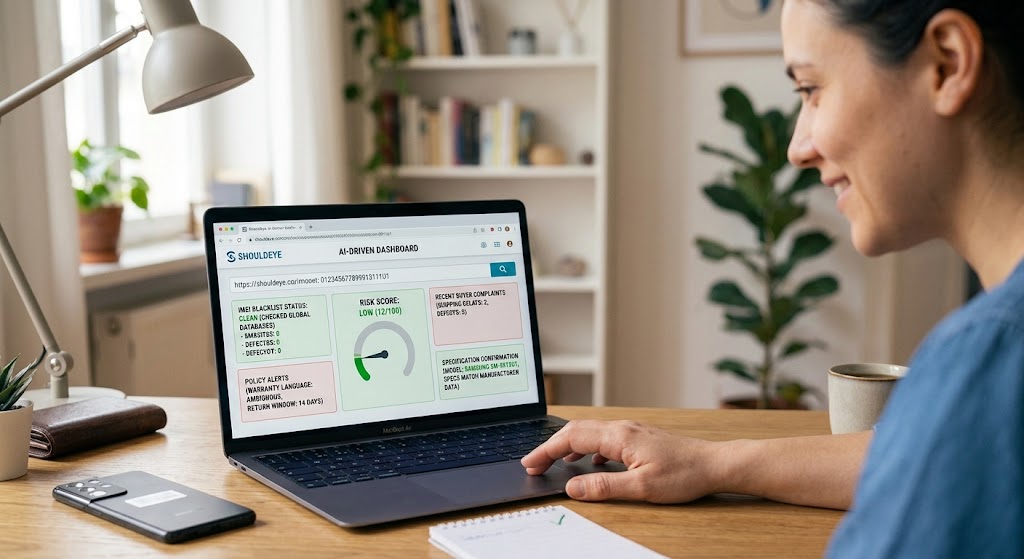 The ShouldEye AI-driven dashboard on a laptop screen displays a low-risk score and multiple analytical trust signals.