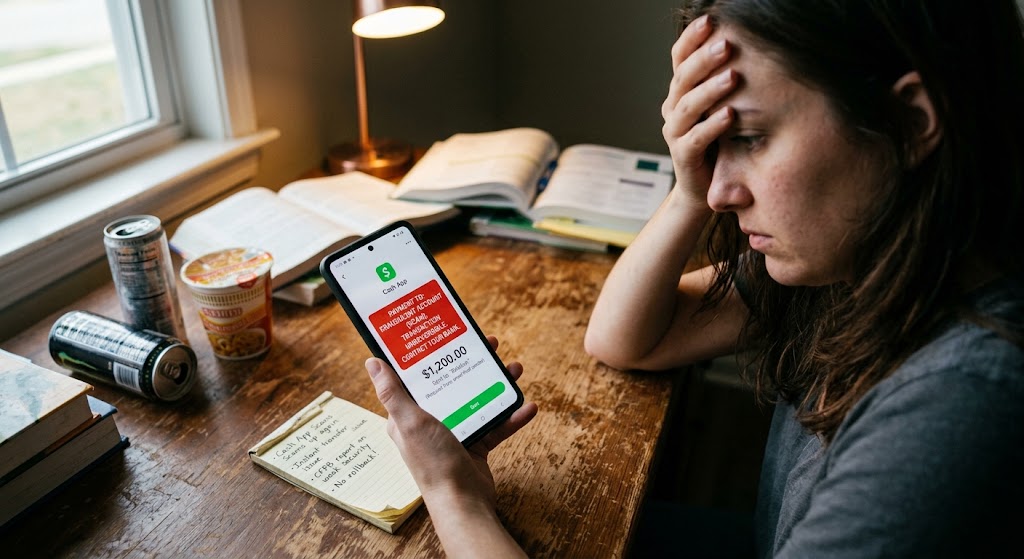 A woman holding a phone displays a Cash App fraudulent payment warning alongside a notebook with scam report notes.
