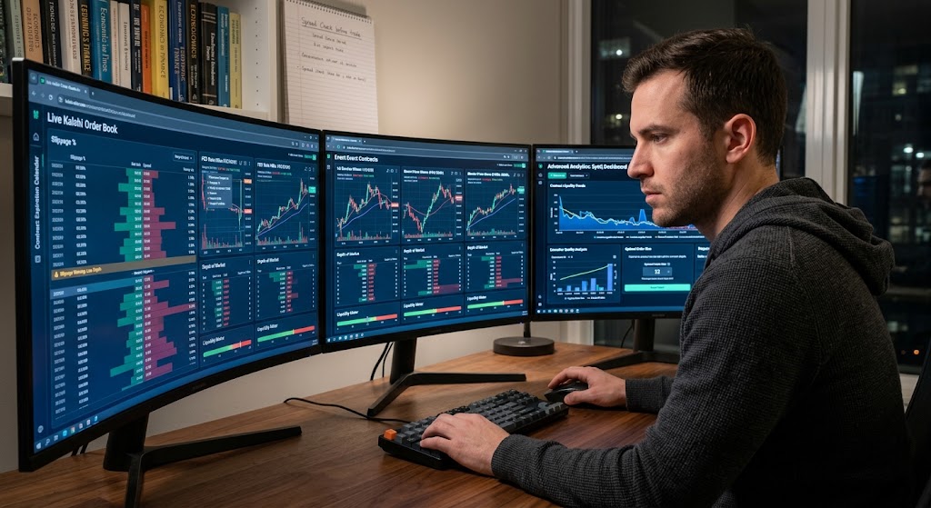 A man in a hoodie focuses on three monitors displaying complex prediction market trading data and liquidity analytics.
