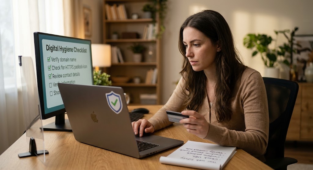 A woman carefully verifies a website URL on her laptop, practicing smart digital hygiene before entering credit card data.