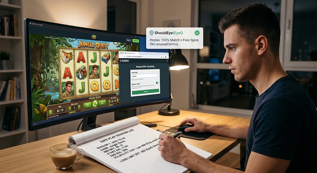 A player uses a gaming setup with a session log and ShouldEye promo check to practice safer play with Betsoft slots.