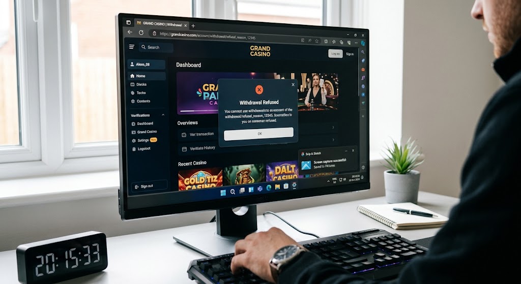 A person capturing a full-screen, time-stamped desktop screenshot showing a refusal message for a casino withdrawal.
