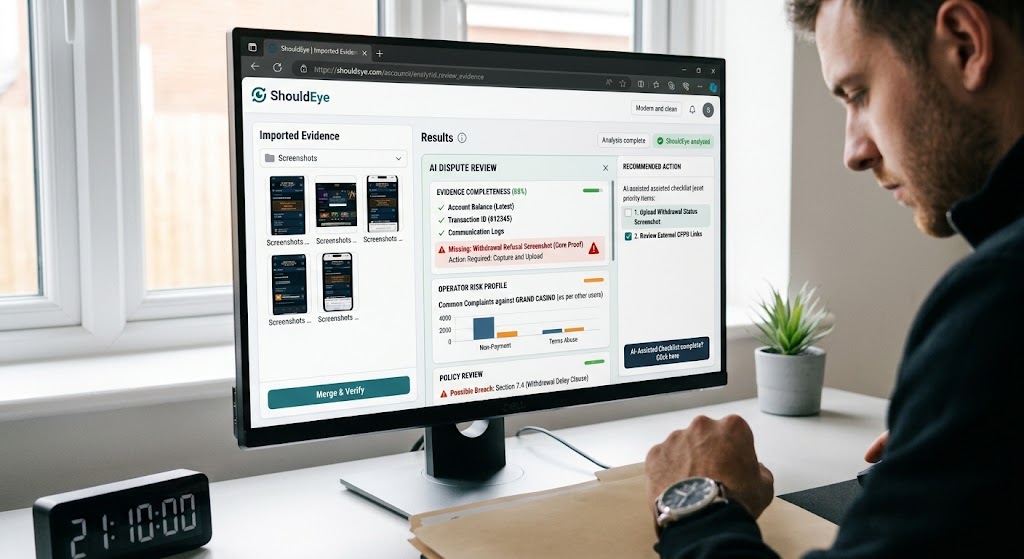 A user analyzes evidence completeness for an AI dispute review on a computer screen featuring a 'ShouldEye' data platform.