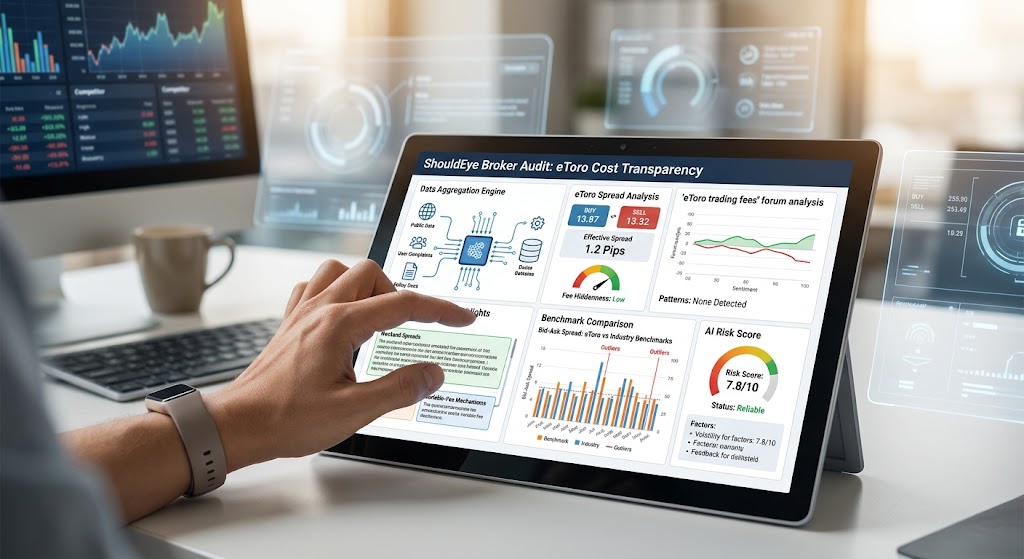 A tablet screen showing a ShouldEye broker audit dashboard with fee transparency metrics, spread analysis, and risk score.