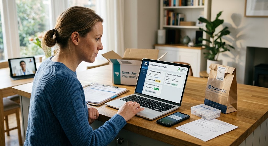 A woman managing her online prescription transfer and digital healthcare records on a laptop at her desk.