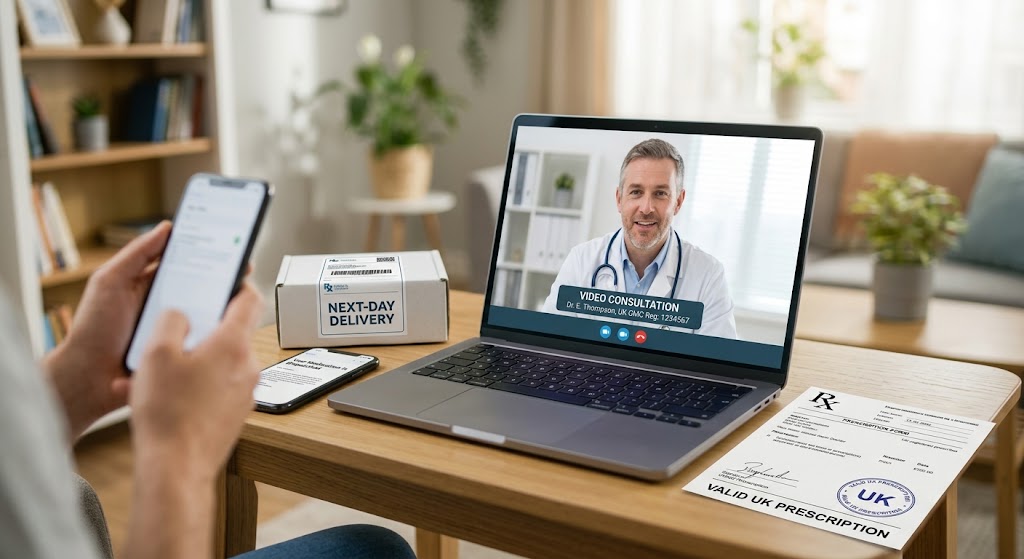 A person viewing a telehealth consultation with a doctor on a laptop alongside a valid UK prescription and delivery box.