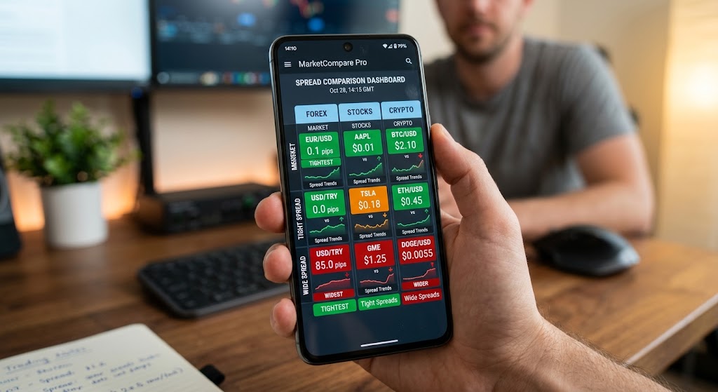 A smartphone screen displaying a market comparison dashboard with tight and wide spread ranges across forex, stocks, and crypto.