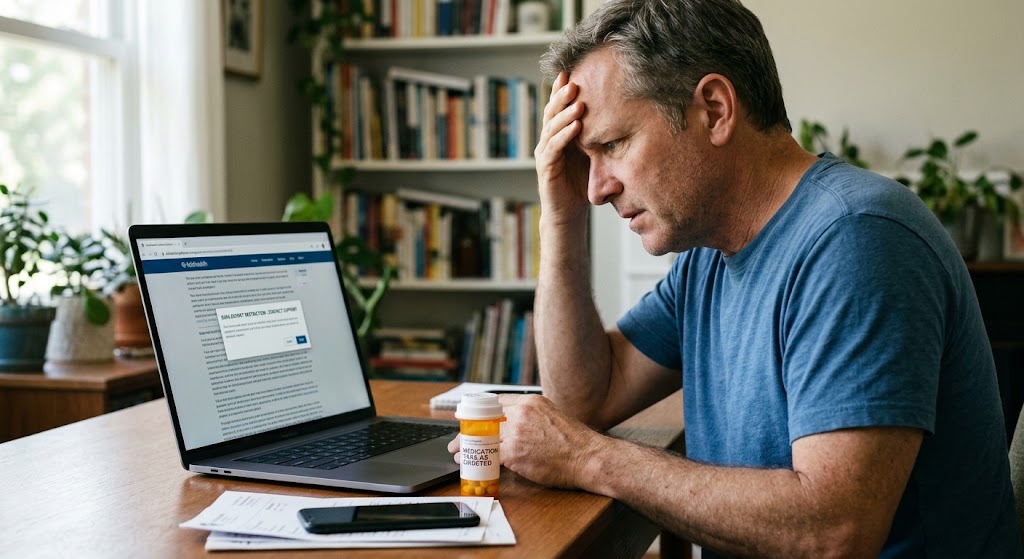 A stressed man looking at a laptop showing data export restriction warnings next to a bottle of prescription medication.