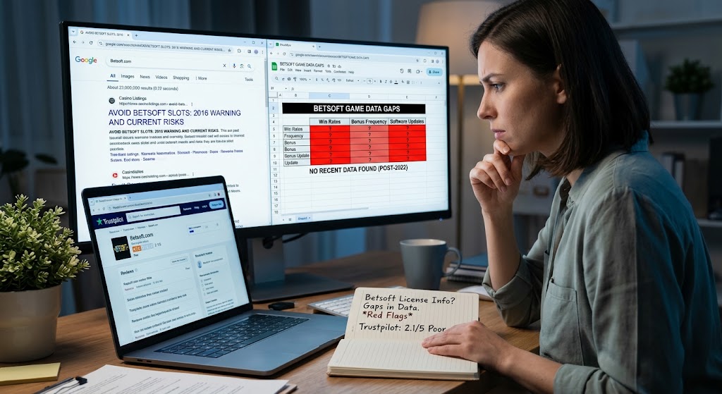 A woman researches Betsoft slots on her computer, reviewing Trustpilot scores, warnings, and missing licensing data.