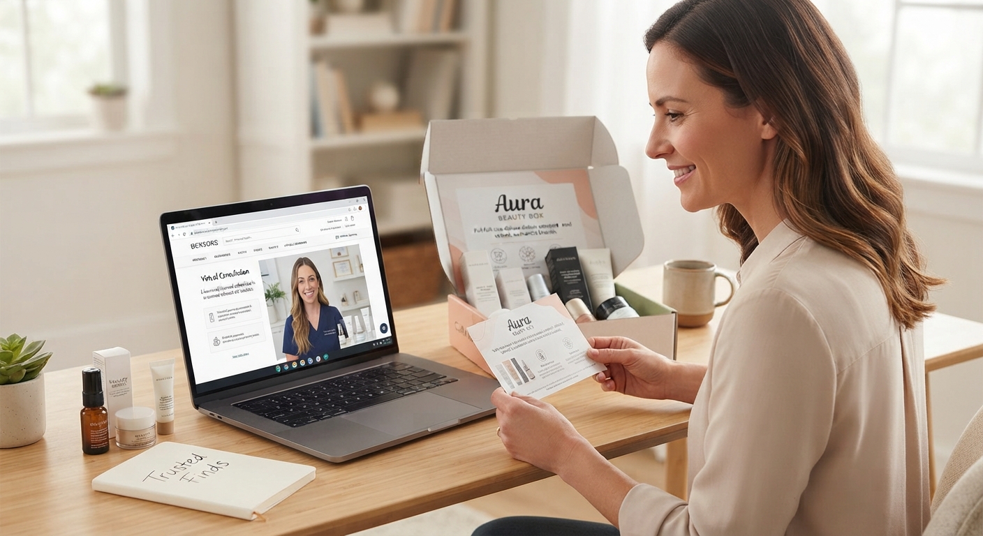 A woman at a desk smiles while looking at a laptop showing a virtual consultation and holding a pamphlet from an open beauty box.