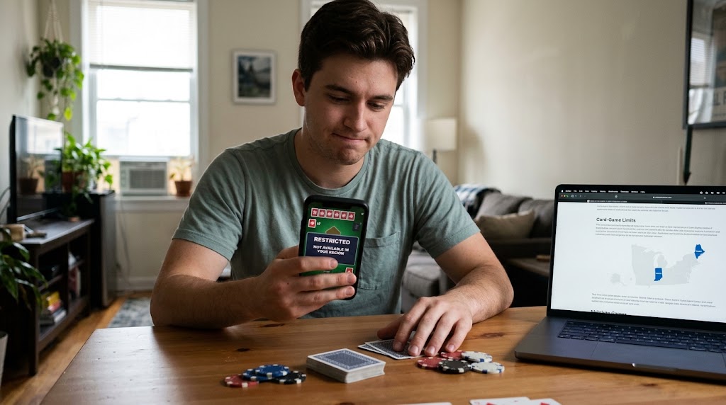 A man looks at a restricted card game message on his phone while holding cards near a laptop showing state regulation maps.
