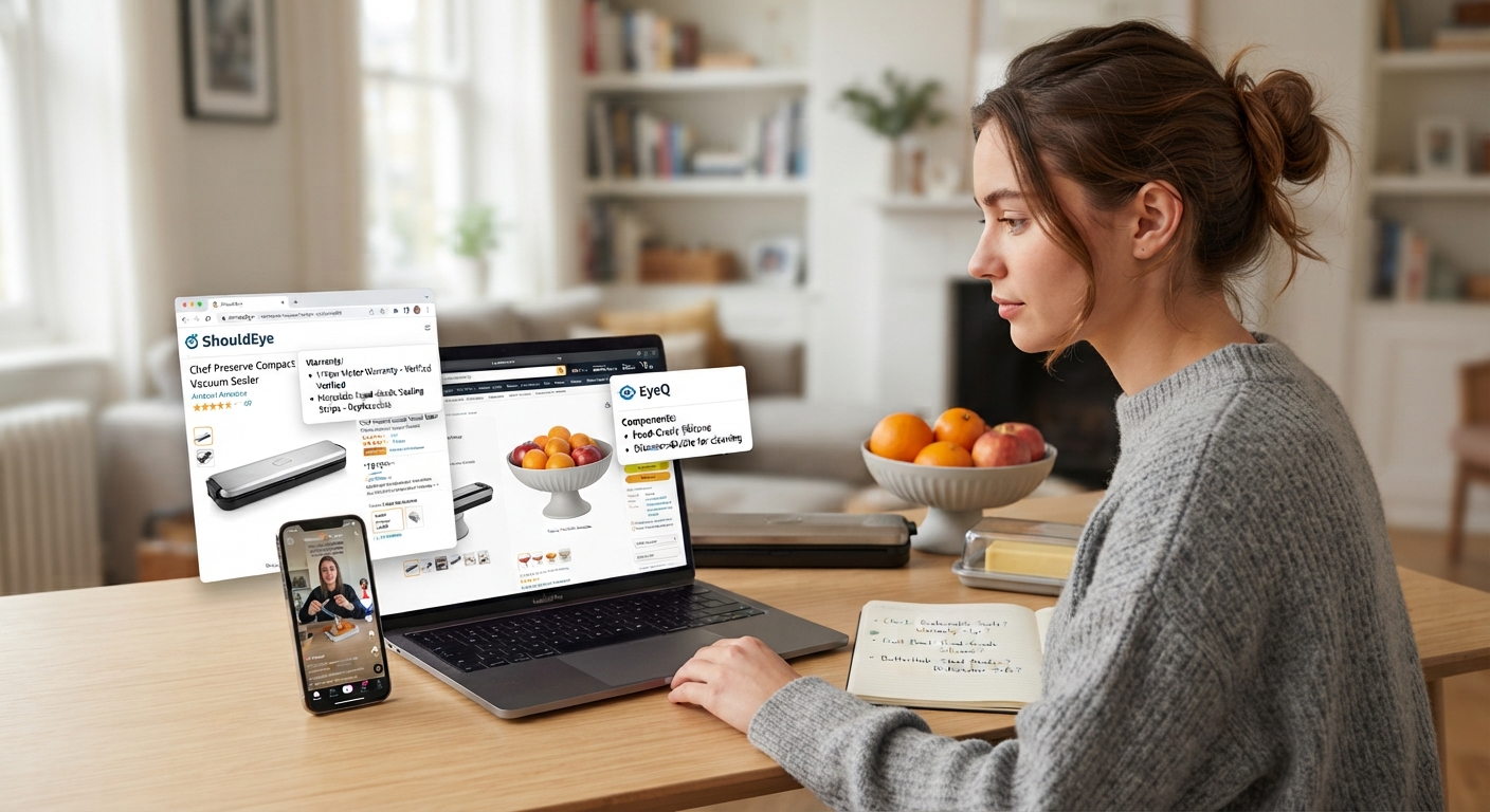 A woman sits at a desk with a laptop and smartphone, researching product details from floating e-commerce and video review interfaces.
