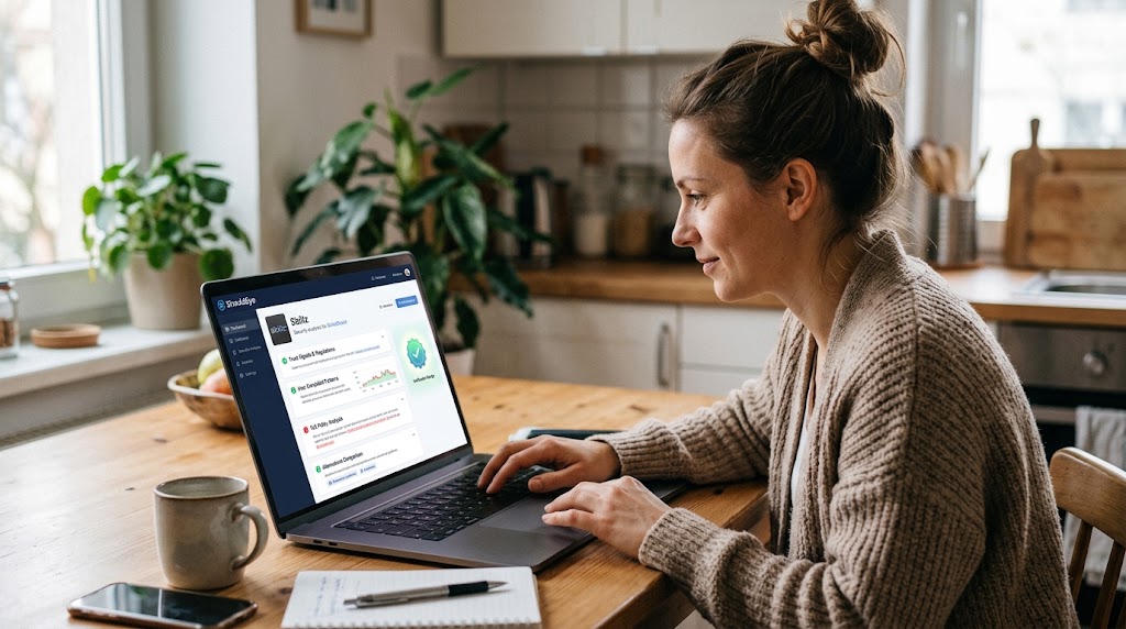 A woman uses her laptop to check trust signals and state rules for Skillz on the ShouldEye website from home.