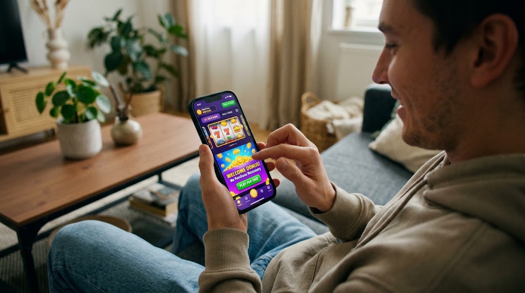 A young man sitting on a sofa and using a smartphone to play a free-to-play social sweepstakes casino game with coins.