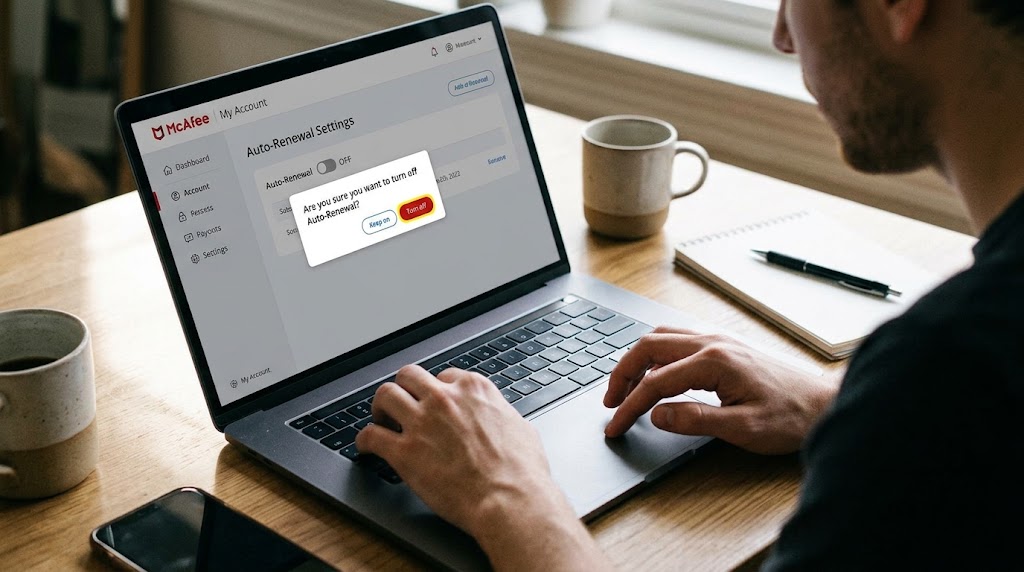 A laptop displaying McAfee My Account auto-renewal settings with a confirmation pop-up asking to turn off auto-renewal.