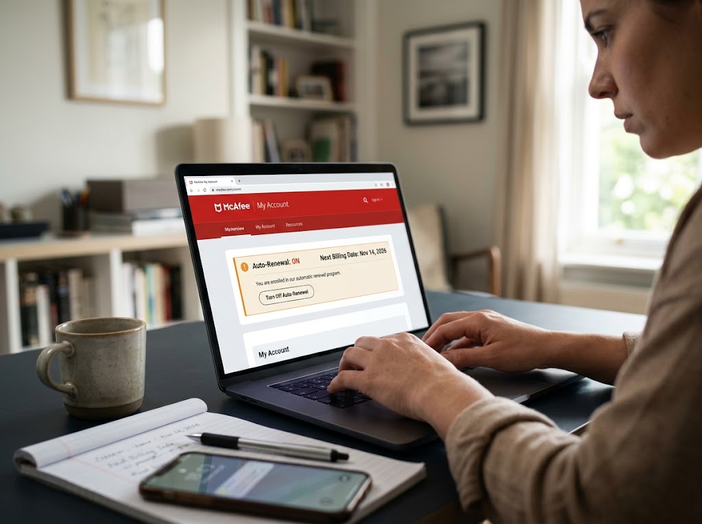 Close-up of a woman checking McAfee account's active auto-renewal status on a laptop at a home desk, typing with focus.